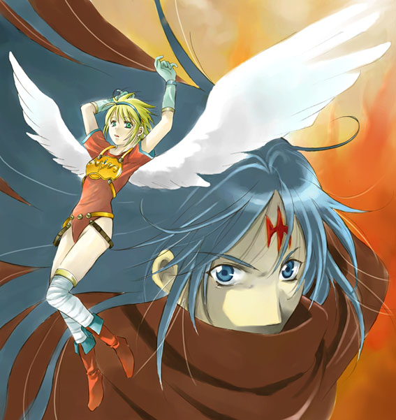1boy, 1girl, angel_wings, armor, blonde_hair, blue_eyes, blue_hair, breath_of_fire
