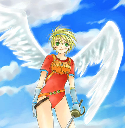 1girl, angel_wings, armor, blonde_hair, breath_of_fire, breath_of_fire_i, green_eyes, hug, lowres, nina_(breath_of_fire_i), nino, solo, sword, weapon, white_wings, wings
