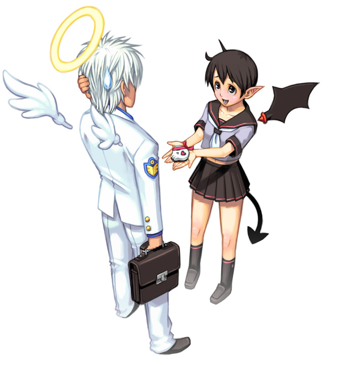 1boy, 1girl, ahoge, angel, angel_and_devil, angel_wings, bag, blush