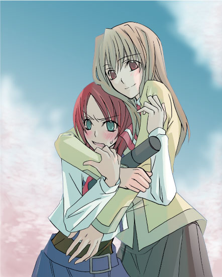 00s, 2girls, blush, fujino_shizuru, graduation, green_eyes, hug, multiple_girls
