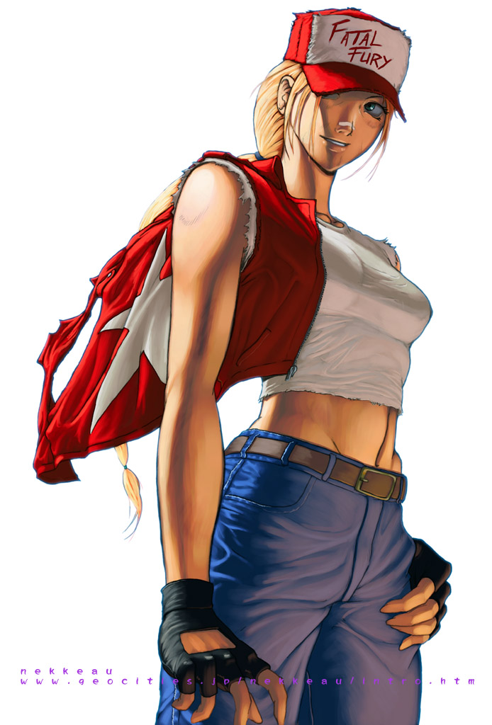 1girl, aqua_eyes, belt, blonde_hair, breasts, denim, fatal_fury, genderswap, genderswap_(mtf), gloves, hat, jeans, king_of_fighters, medium_breasts, midriff, nekkeau, pants, ponytail, redneck, snk, solo, terry_bogard, the_king_of_fighters
