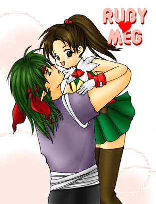 1boy, 1girl, brown_eyes, brown_hair, character_name, couple, elf, gensou_suikoden, gensou_suikoden_i, gensou_suikoden_ii, green_hair, hetero, lowres, meg_(suikoden), nino, pointy_ears, rubi, rubi_(suikoden), ruby_(suikoden), thigh-highs