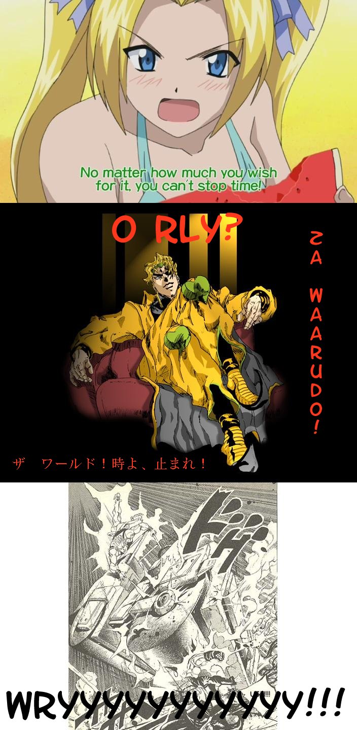 1girl, 2boys, 4koma, angry, annoyed, blonde_hair, blue_eyes, blush, collage, comic, couch, dio_brando, food, fruit, gakuran, highres, itsudatte_my_santa, jojo_no_kimyou_na_bouken, kuujou_joutarou, long_hair, long_image, meme, multiple_boys, school_uniform, sharry, sitting, steamroller, subtitled, tall_image, time_stop, twintails, watermelon, what, wryyyyyyyyyyyyyyyyyyyy, the_world