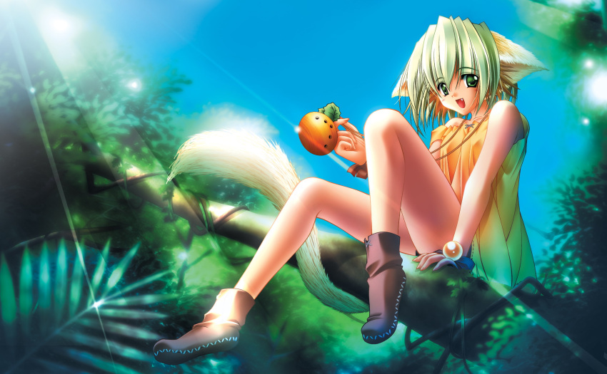 1girl, animal_ears, blonde_hair, carnelian, cynthia_(moldavite), fang, green_eyes, green_hair