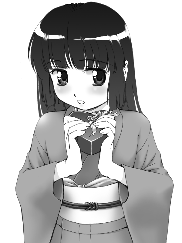1girl, fuji_shinobu, gift, holding, holding_gift, japanese_clothes, kimono, monochrome