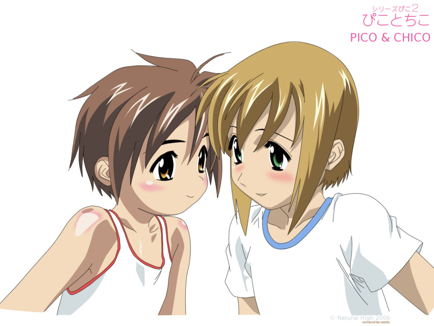 2boys, ahoge, blush, boku_no_pico, brown_hair, chico, child, eye_contact, green_eyes, highres, looking_at_another, male_focus, multiple_boys, orange_eyes, pico, shirt, short_hair, smile, t-shirt, tank_top, vector_trace, wallpaper, yoshiten
