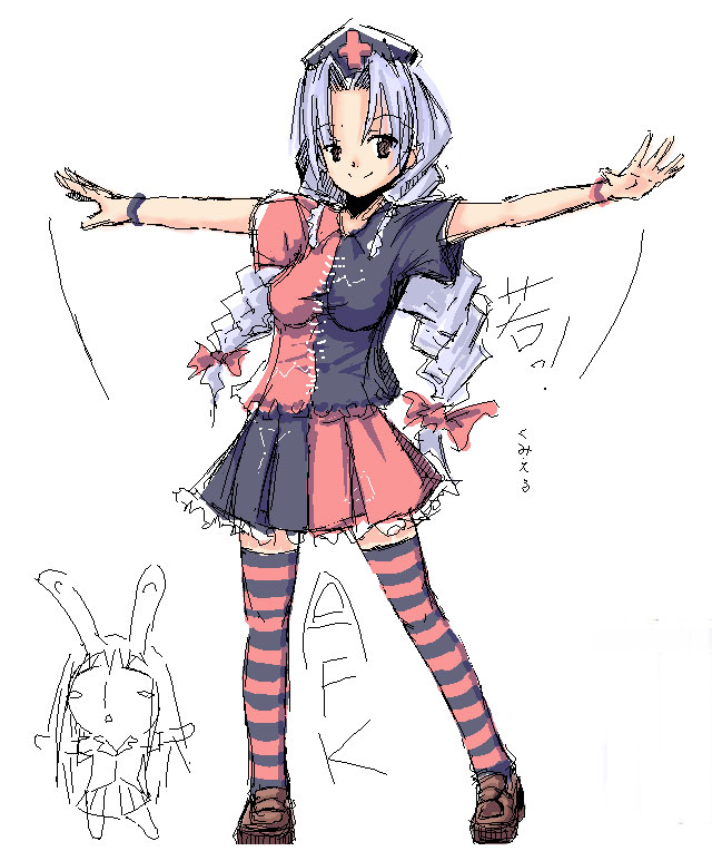 2girls, adapted_costume, afk, alternate_hairstyle, animal_ears, bangs, black, black_eyes, bracelet, braid, breasts, cosplay, female, hair_ribbon, hat, jewelry, loafers, looking_at_viewer, mesousa, miniskirt, multiple_girls, nurse_cap, oekaki, outstretched_arms, pani_poni_dash!, parody, parted_bangs, pleated_skirt, rabbit_ears, red, reisen_udongein_inaba, reisen_udongein_inaba_(cosplay), ribbon, shirt, shoes, silver_hair, simple_background, sketch, skirt, skirt_set, smile, smirk, spread_arms, standing, striped, striped_legwear, thigh-highs, touhou, twintails, white_background, wristband, yagokoro_eirin, zettai_ryouiki