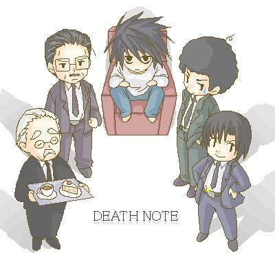 5boys, aizawa_shuuichi, bags_under_eyes, chibi, death_note, l_(death_note), lowres, male_focus