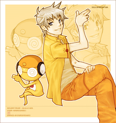 1boy, :d, artist_request, back-to-back, blonde_hair, border, green_eyes, grin, jacket, keroro_gunsou, kururu_(keroro_gunsou), legs_crossed, looking_at_viewer, open_mouth, saburo_mutsumi, shirt, simple_background, smile, teeth, white_border, yellow, yellow_background, yellow_jacket, yellow_shirt, zoom_layer