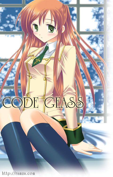1girl, black_legwear, blush, code_geass, collared_shirt, copyright_name, double-breasted, green_eyes, half_updo, kneehighs, long_hair, long_sleeves, looking_at_viewer, migi_tobira, necktie, orange_hair, school_uniform, shirley_fenette, shirt, sitting, solo, uniform, watermark, web_address