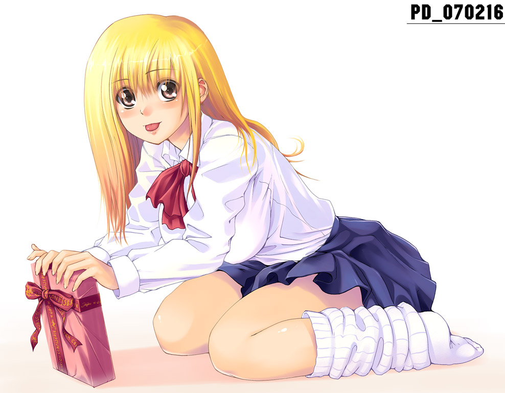 1girl, blonde_hair, feet, footwear, gift, holding, holding_gift, kogal