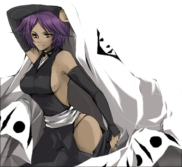 1girl, bleach, bleach:_turn_back_the_pendulum, breasts, choker, closed_mouth, dark_skin, detached_sleeves