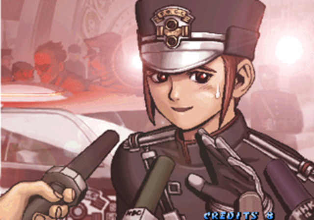 1girl, 4boys, atlus, bristol_weller, brown_hair, ending, gouketsuji_ichizoku, groove_on_fight, hat, interview, microphone, multiple_boys, murata_renji, police, police_uniform, policewoman, screencap, solis_r8000, sweatdrop, uniform