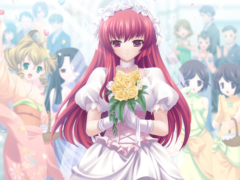 6+girls, bouquet, bride, chuujou_kuroe, chuujou_shiroe, dress, flower, game_cg