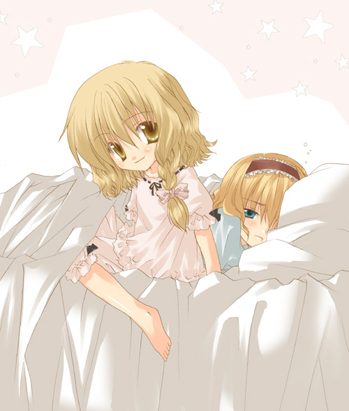 2girls, alice_margatroid, arm_support, bad, bad_anatomy, bad_proportions, barefoot, bed_sheet