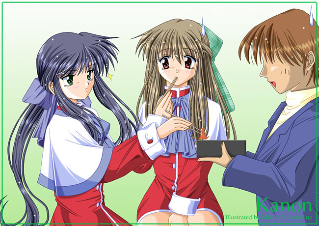 1boy, 2girls, aizawa_yuuichi, blue_hair, brown_hair, eyeless, green_eyes, kanon, kawasumi_mai, kurata_sayuri, long_hair, multiple_girls, murasakino_misato, obentou, ponytail, red_eyes, red_skirt, skirt, sweatdrop, tako-san_wiener