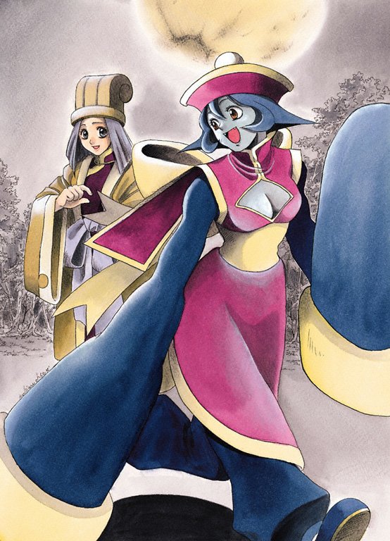 2girls, artist_name, baggy_pants, blue_hair, blue_skin, bow, capcom, chinese_clothes