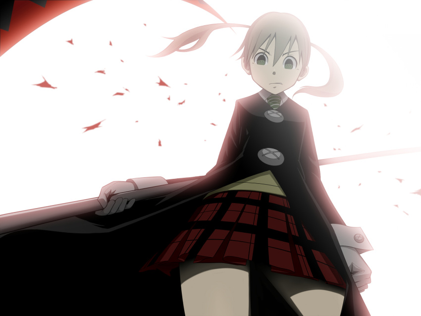 brown_hair, green_eyes, highres, maka_albarn, penpen_(artist), scythe, skirt, soul_eater