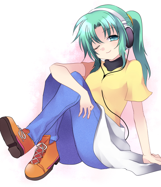1girl, aqua_hair, arm_support, blue_eyes, boots, denim, full_body, green_hair