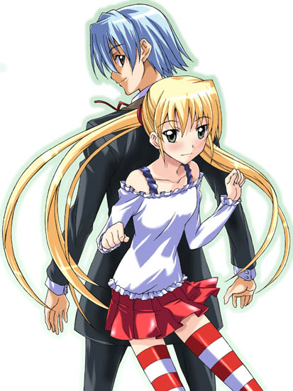 1boy, 1girl, ayasaki_hayate, back-to-back, blonde_hair, hayate_no_gotoku!, mikage_nao, miniskirt, pants, patterned_legwear, red_skirt, sanzen'in_nagi, shirt, skirt, striped, striped_legwear, thigh-highs, tuxedo, two-tone_stripes, white_shirt, white_stripes, zettai_ryouiki