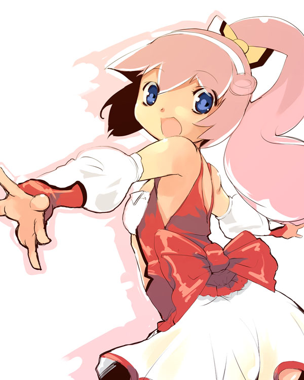 1girl, blue_eyes, bow, dress, erul_tron, flat_chest, lord_british, mecha_musume, otomedius, pink_hair, ponytail, simple_background, solo, yuu_(kfc)