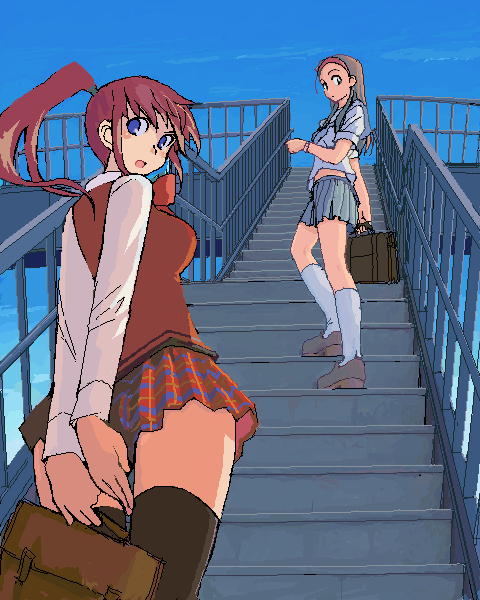 2girls, black_legwear, blue_sky, book_bag, bridge, footwear, kusanagi_tonbo, miniskirt