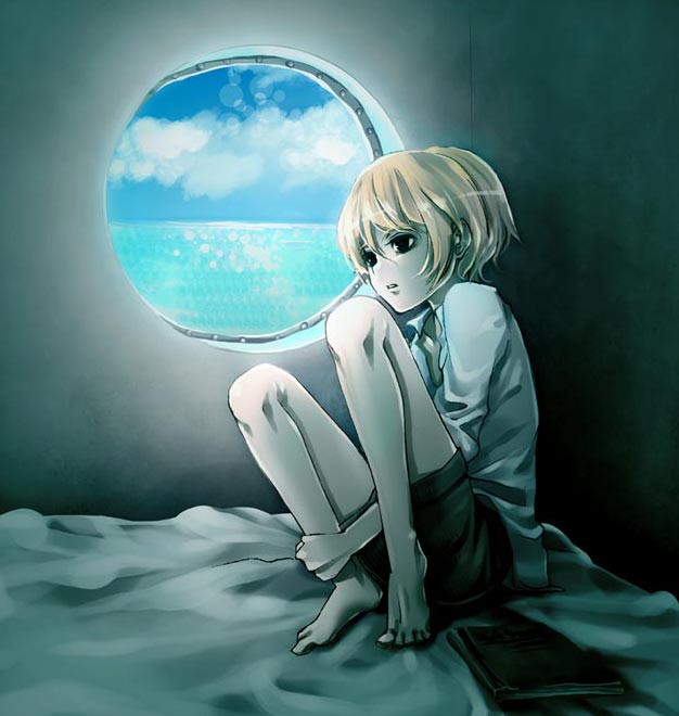 androgynous, barefoot, blonde_hair, boat, boat_interior, book, child, clouds, ocean, original, solo, sparkle, torazou, water, window