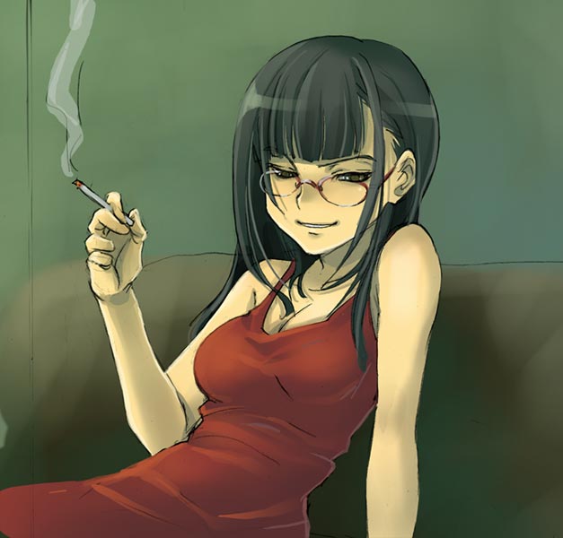1girl, black_hair, cigarette, dress, glasses, naughty_face, original, red_dress, smoking, solo, torazou