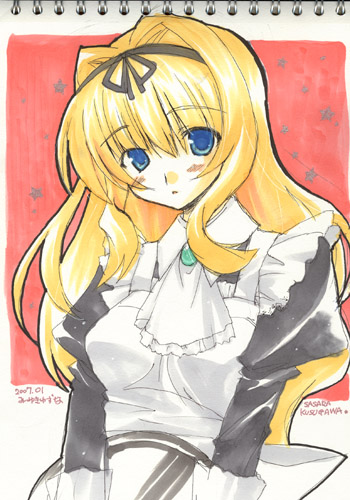 1girl, :o, apron, ascot, blonde_hair, blue_eyes, blush, brooch, embarrassed, hair_intakes, hairband, headband, jewelry, kusugawa_sasara, long_hair, lowres, maid, maid_apron, mitsuyuki_yuzuna, open_mouth, ribbon, solo, to_heart_2, traditional_media, tray, very_long_hair