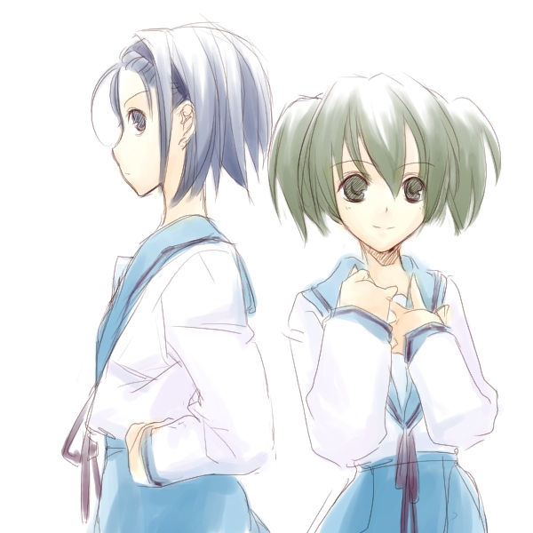 2girls, blue_eyes, blue_hair, blue_skirt, closed_mouth, expressionless, genderswap, green_eyes
