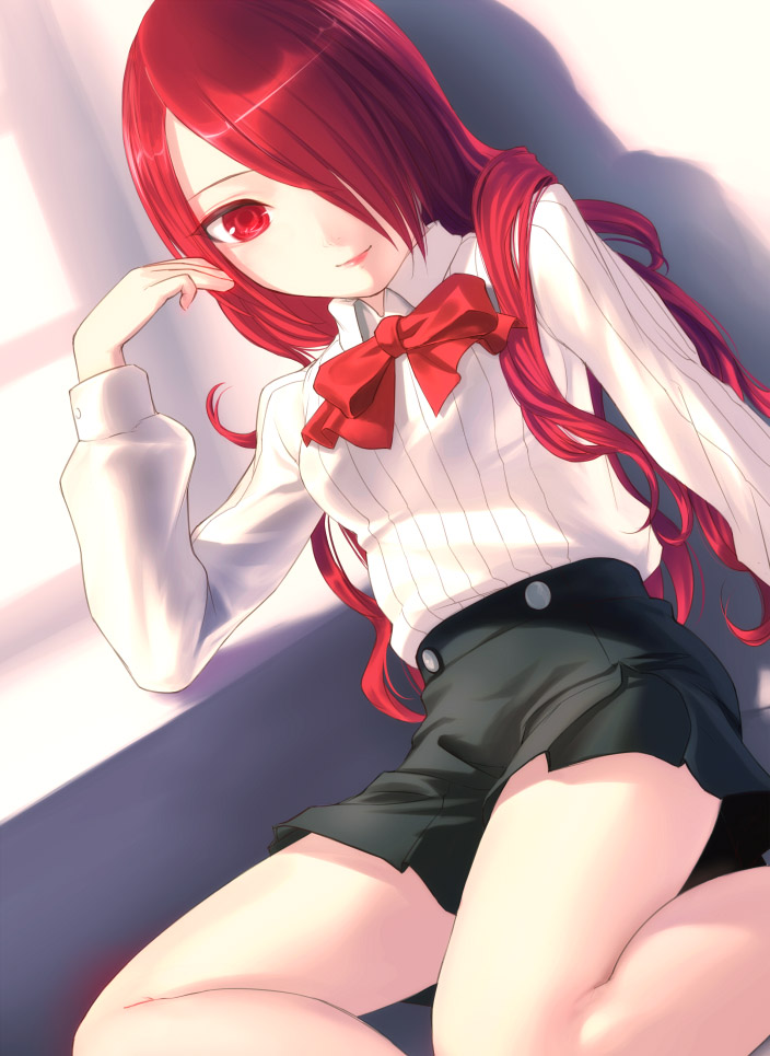 1girl, atlus, bow, hair_over_one_eye, kirijou_mitsuru, legs_bent, long_hair, persona, persona_3, plastic_girl, red_eyes, redhead, sitting, skirt, smile, solo, uni