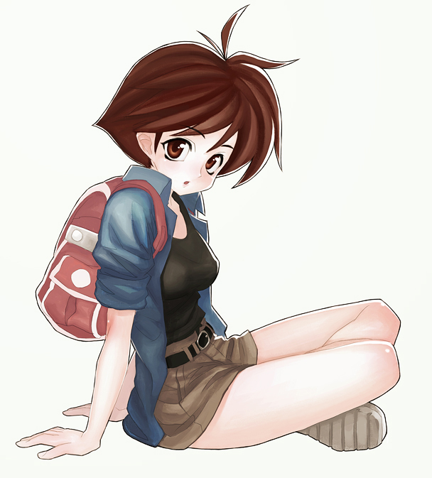 1girl, backpack, bag, brown_eyes, brown_hair, iwai_ryou, legs, long_legs, randoseru, short_hair, shorts, sitting, sleeves_rolled_up, solo, thighs, umihara_kawase, umihara_kawase_(character), white_background