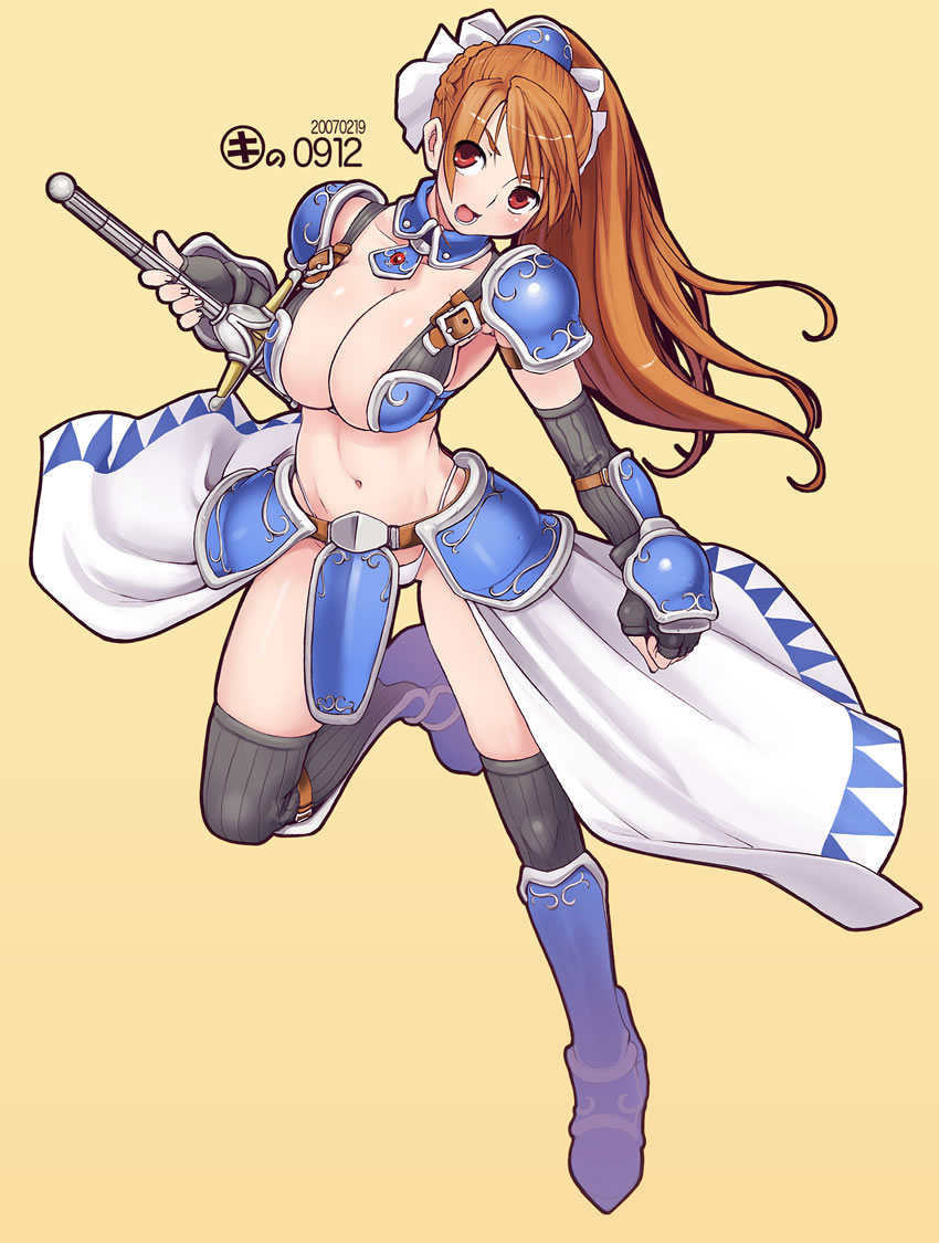 1girl, armor, boots, breasts, brown_hair, cleavage, elbow_gloves, female