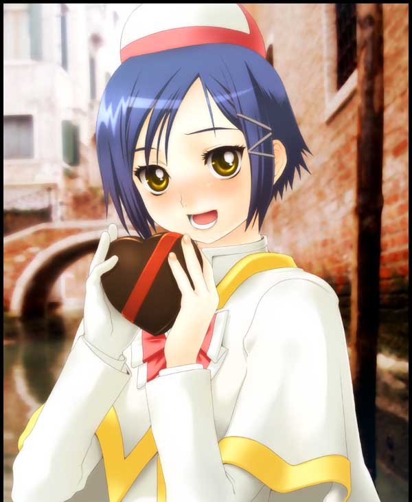 1girl, aika_granzchesta, aria, azumi_amane, black_border, blue_hair, blush, border, brick_wall, bridge, chocolate, chocolate_heart, heart, looking_at_viewer, open_mouth, outdoors, photo_background, short_hair, solo, soshina_nohito, upper_body, valentine, water, yellow_eyes