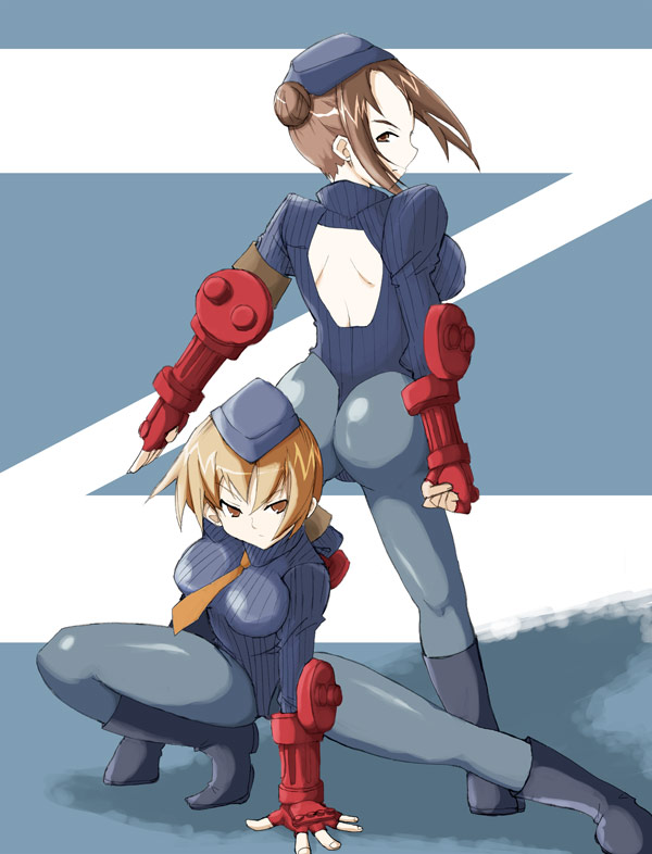 2girls, aki_masanari, armor, ass, blonde_hair, boots, brown_eyes, brown_hair