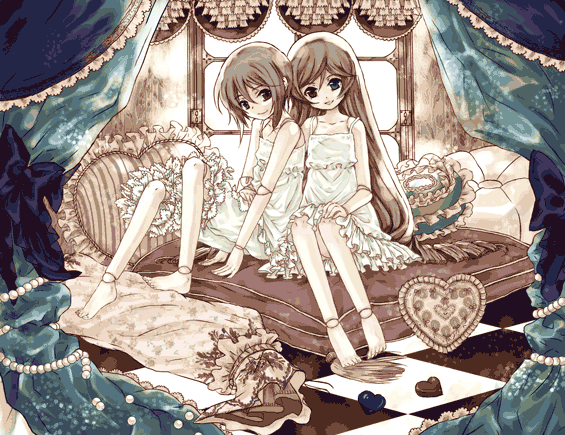 00s, 2girls, bloomers, doll_joints, hisa, lingerie, multiple_girls, nightgown
