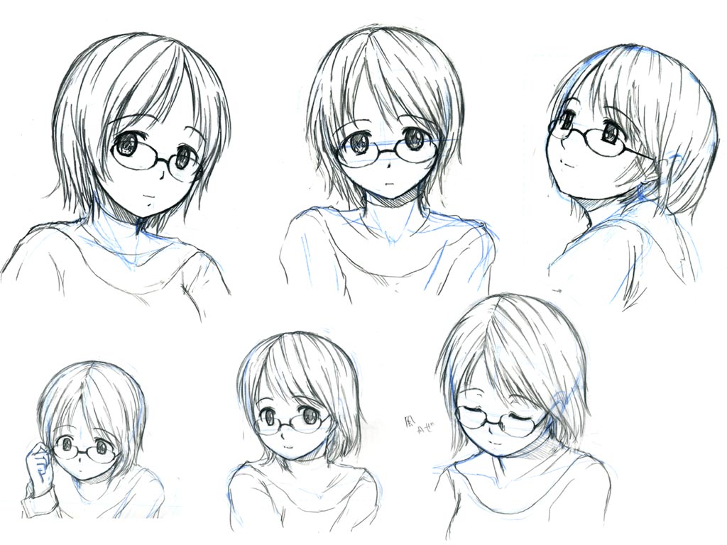 1girl, glasses, monochrome, multiple_views, ooshiro_youkou, original, short_hair, simple_background