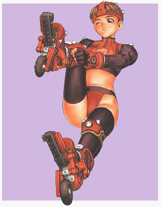 1girl, atlus, bikini_bottom, black_legwear, border, breasts, brown_eyes, brown_hair, cleavage, cleavage_cutout, cpmstar_pid, crop_top, dressing, fingerless_gloves, gloves, gouketsuji_ichizoku, hananokouji_kurara, helmet, inline_skates, knee_pads, leg_up, lowres, midriff, murata_renji, navel, official_art, one_eye_closed, purple_background, roller_skates, short_hair, simple_background, sitting, skates, solo, spikes, super_kurara, thigh-highs, turtleneck, wince