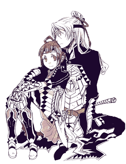 1boy, 1girl, armor, gensou_suikoden, gensou_suikoden_v, kyle, kyle_(suikoden), logicon