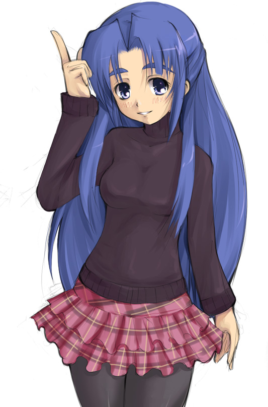 1girl, alternate_costume, asakura_ryouko, blue_eyes, blue_hair, half_updo, long_hair, mahoraba, miniskirt, pantyhose, skirt, solo, suzumiya_haruhi_no_yuuutsu, turtleneck, waku