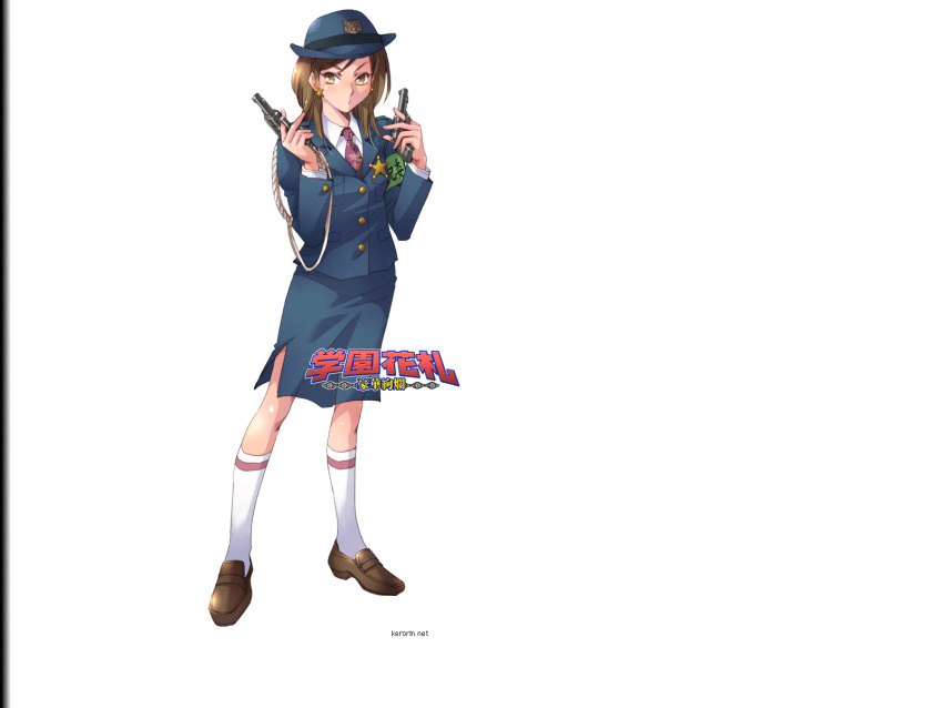 1girl, ayase_chizuru, brown_eyes, brown_hair, earrings, gakuen_hanafuda_gouka_kenran, gun, handgun