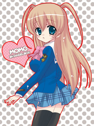 1girl, :o, angelbox, black_legwear, blazer, blue_eyes, blush, bow