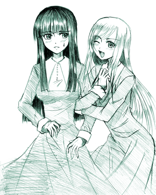 2girls, :d, aqua, arm_hug, arsenal, hug, kasahara_naie, kasahara_noi