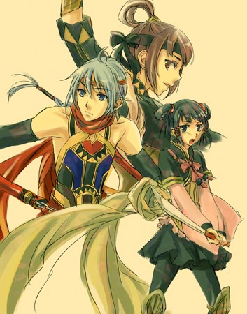 1boy, 2girls, bow, freyjadour_falenas, gensou_suikoden, gensou_suikoden_v, lowres, lyon