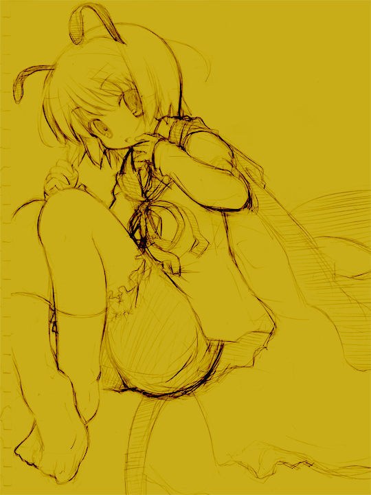 1girl, antennae, bloomers, female, monochrome, ozaki, ozaki_(ko-zaki), sketch