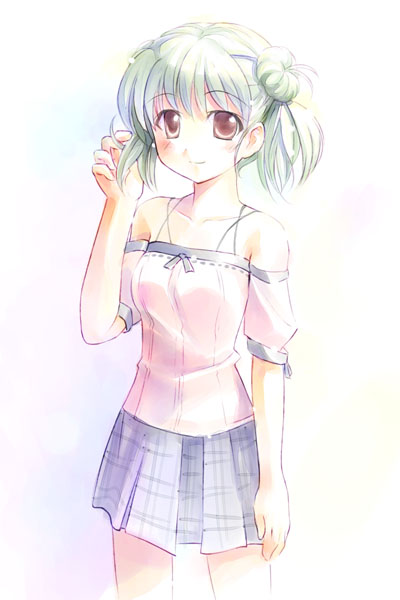 1girl, arm_at_side, brown_eyes, cowboy_shot, detached_sleeves, double_bun, female, gradient