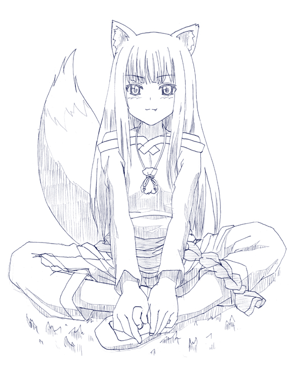1girl, animal_ears, date_(senpen), holo, monochrome, senpen, simple_background, solo, spice_and_wolf, tail, tenko_kuugen, wolf_ears