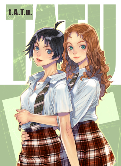 2girls, ahoge, black_hair, blue_eyes, brown_hair, curly_hair, elena_sergeevna_katina, hug