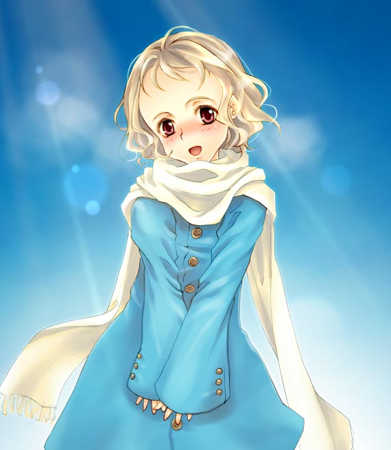 1girl, blonde_hair, blush, brown_eyes, child, looking_at_viewer, original, scarf
