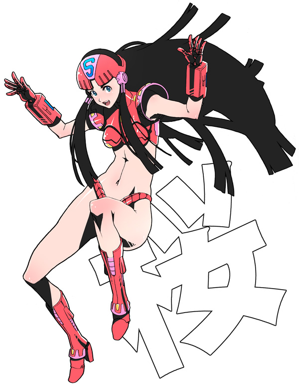 boots, g-room_honten, gloves, hands, legs, long_hair, midriff, open_mouth